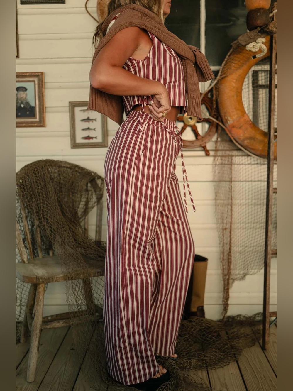 Tribe Kelley Grayton Striped Crop Top & Wide Leg Pants Set in Vintage Red Sz XS - Picture 4 of 9